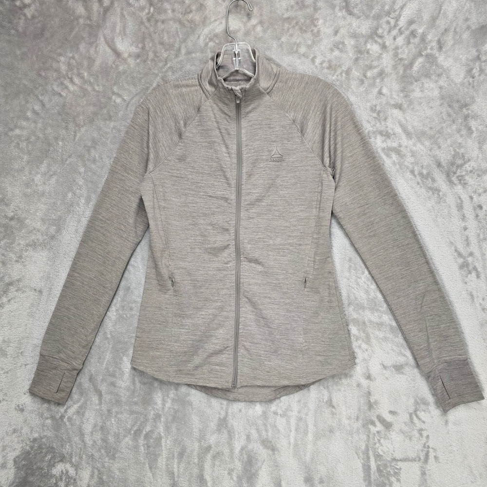 Reebok Full Zip Jacket Womens Small Tan Heathered Thumbhole Activewear Gym Yoga